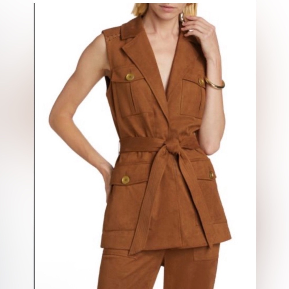 Ramy Brook Sleeveless Belted Suede Vest in Cognac Brown